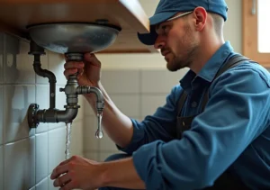 plumber repairing leaking pipe under sink to prevent household water waste