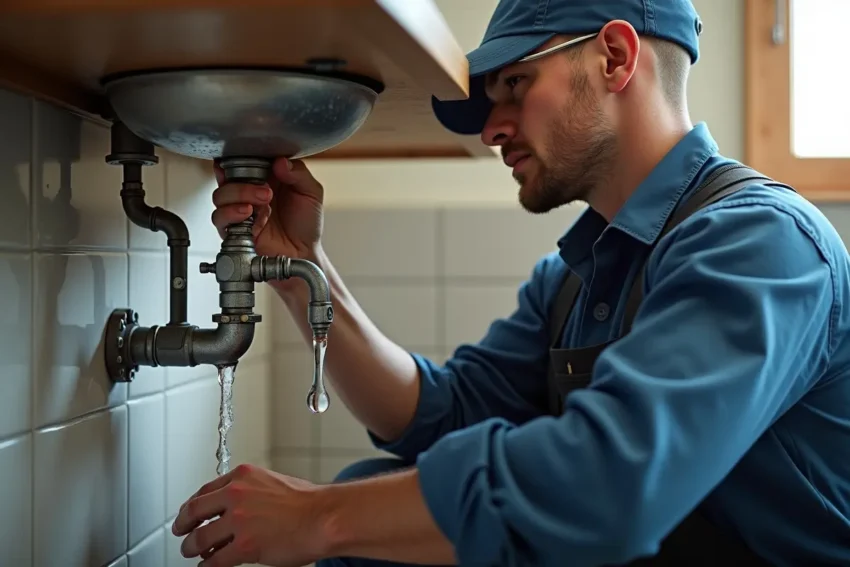 plumber repairing leaking pipe under sink to prevent household water waste