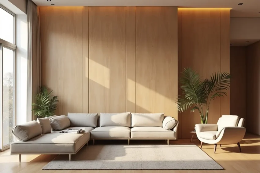 designer using plywood accents to create warm modern interior style