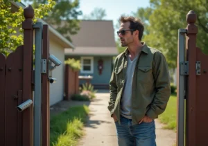 homeowner confronting squatters while assessing property security measures