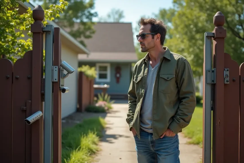 homeowner confronting squatters while assessing property security measures
