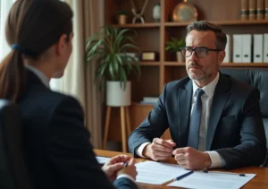 lawyer consulting injured client about slip and fall lawsuit