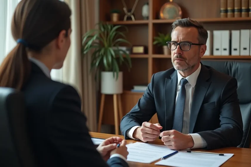 lawyer consulting injured client about slip and fall lawsuit