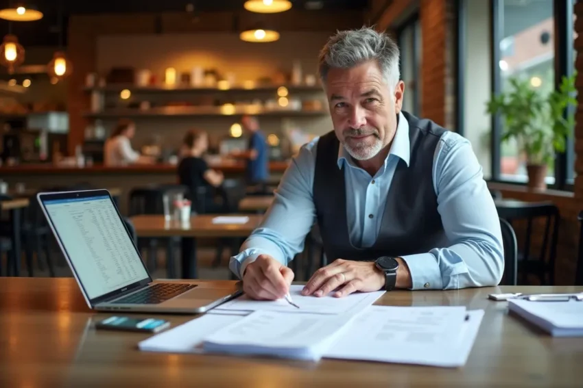 restaurant owner organizing key financial documents for small business loan