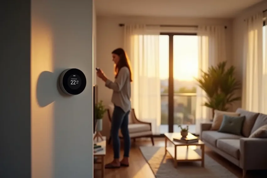 homeowner using smart home devices to control lighting and temperature