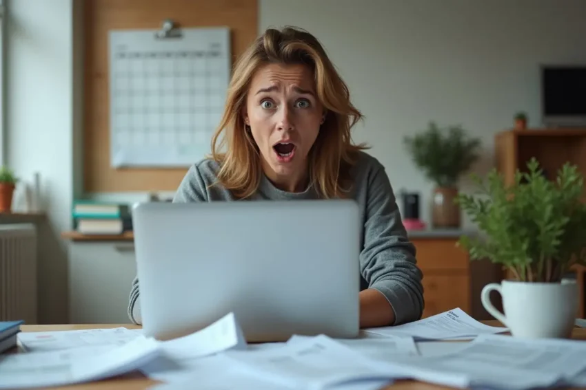 person shocked by surprise expenses disrupting monthly budgeting plan