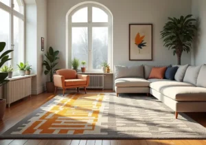 living room decorated with colorful durable washable area rugs
