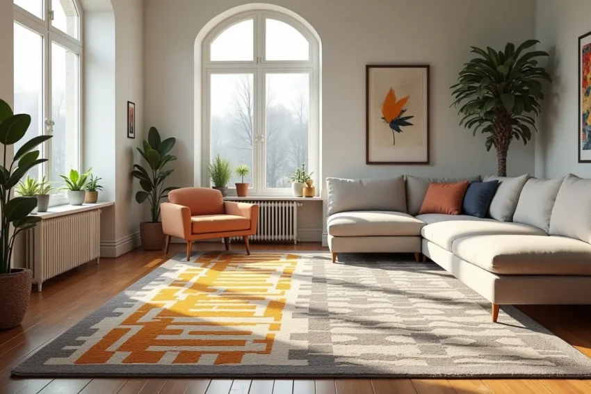 living room decorated with colorful durable washable area rugs