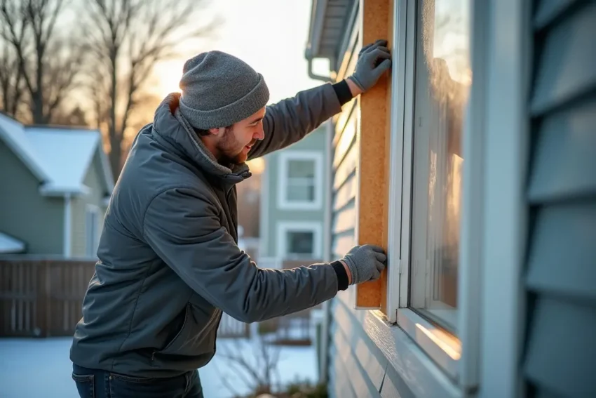 homeowner insulating windows to prepare house for cold weather
