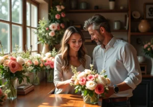 couple selecting meaningful anniversary flowers symbolizing each milestone year