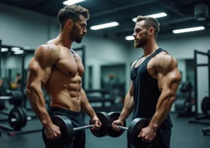 aspiring bodybuilding coach guiding client through strength training session
