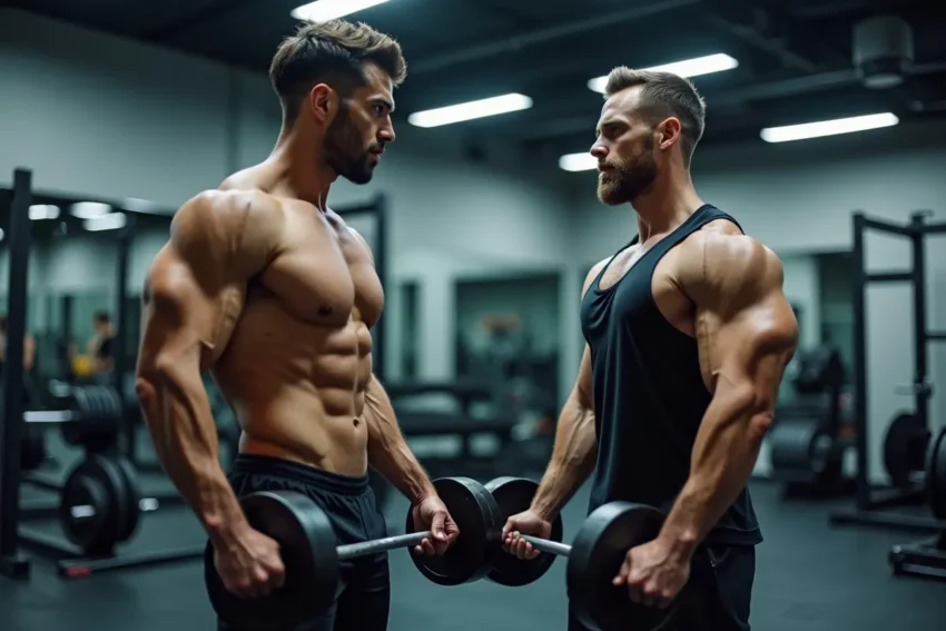 aspiring bodybuilding coach guiding client through strength training session