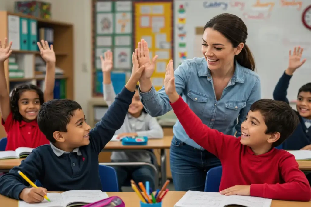 teacher high-fiving smiling students during lively classroom learning activity together