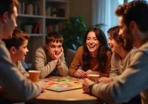 family enjoying fun games night at home with snacks and laughter
