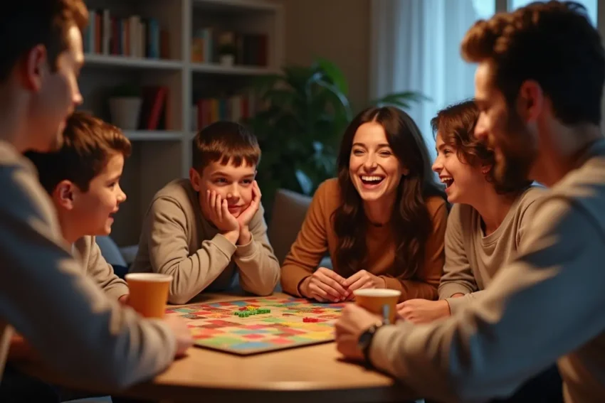 family enjoying fun games night at home with snacks and laughter