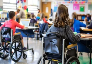 students in wheelchairs attending inclusive classroom with teacher in background