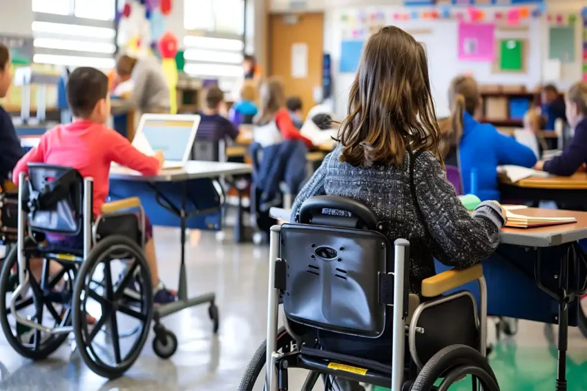 students in wheelchairs attending inclusive classroom with teacher in background