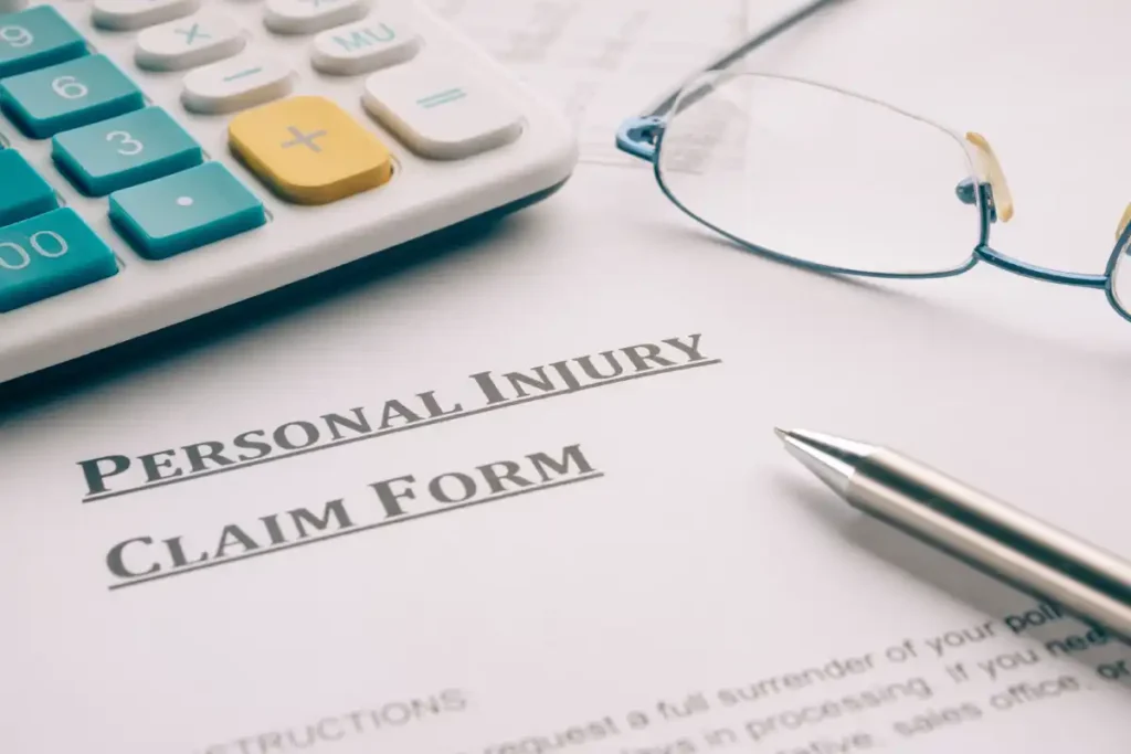 personal injury claim form with calculator glasses and pen beside it