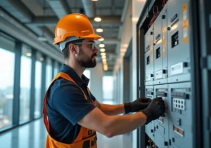 electrician implementing modern electrical design trends in commercial building systems