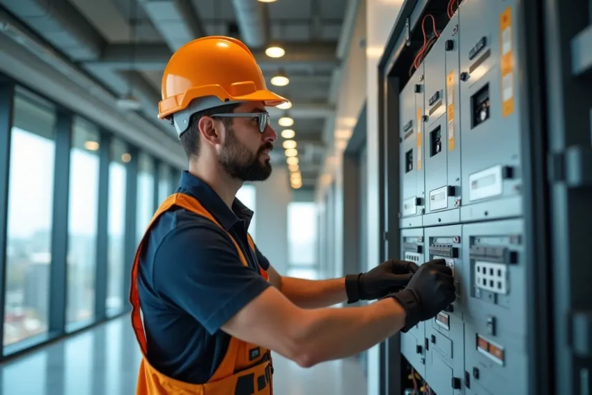 electrician implementing modern electrical design trends in commercial building systems