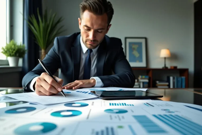 cfo reviewing financial reports to guide strategic company decision making