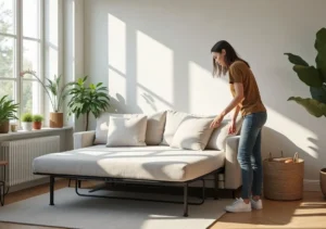 homeowner choosing a functional stylish sofa bed for living room