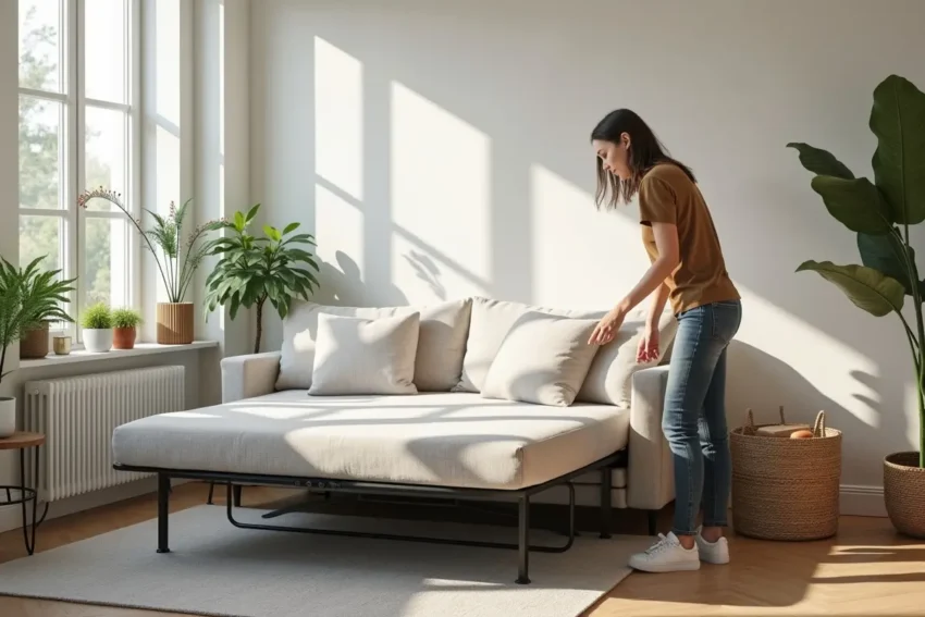 homeowner choosing a functional stylish sofa bed for living room