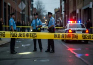 police officers securing urban street behind yellow do not cross tape
