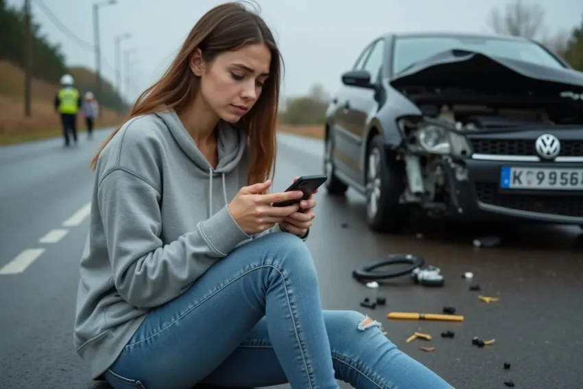 woman messaging on smart for after a car accident