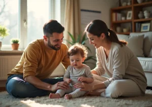father and mother playing with kid for coparenting