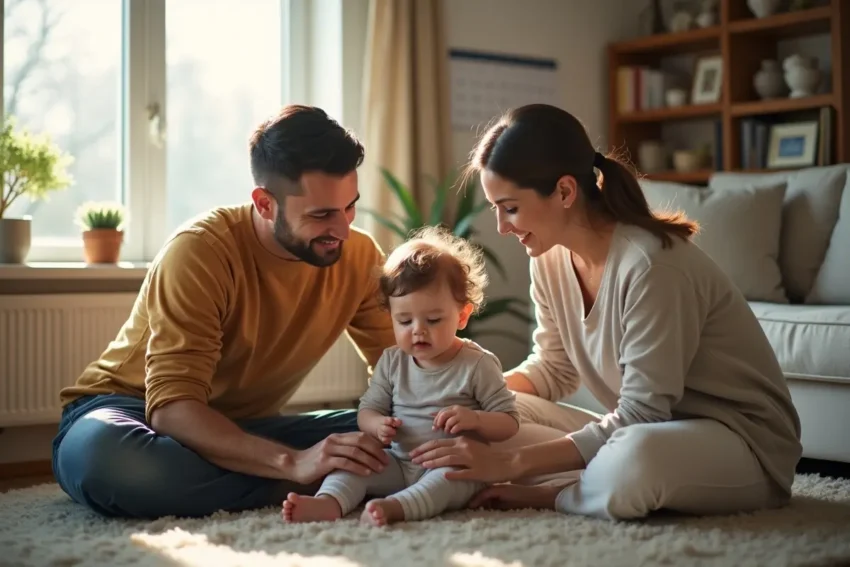 father and mother playing with kid for coparenting