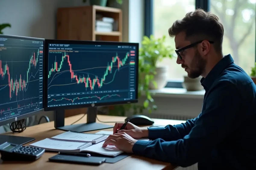 crypto trader analyzing charts and using essential trading tools