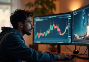 crypto enthusiast watching dogecoin price surge and space-related news