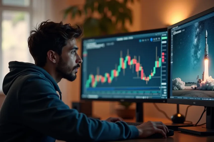 crypto enthusiast watching dogecoin price surge and space-related news