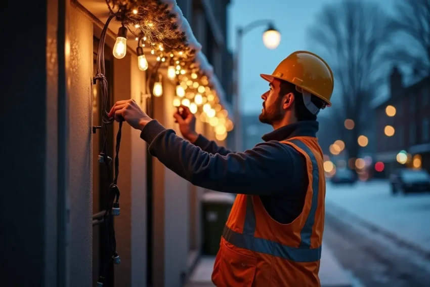 property manager inspecting holiday lights to prevent electrical fire risks