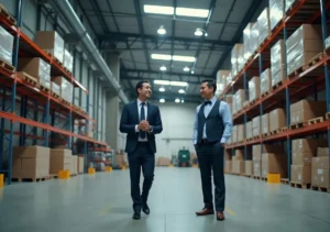 business owner touring industrial warehouse space for operational needs