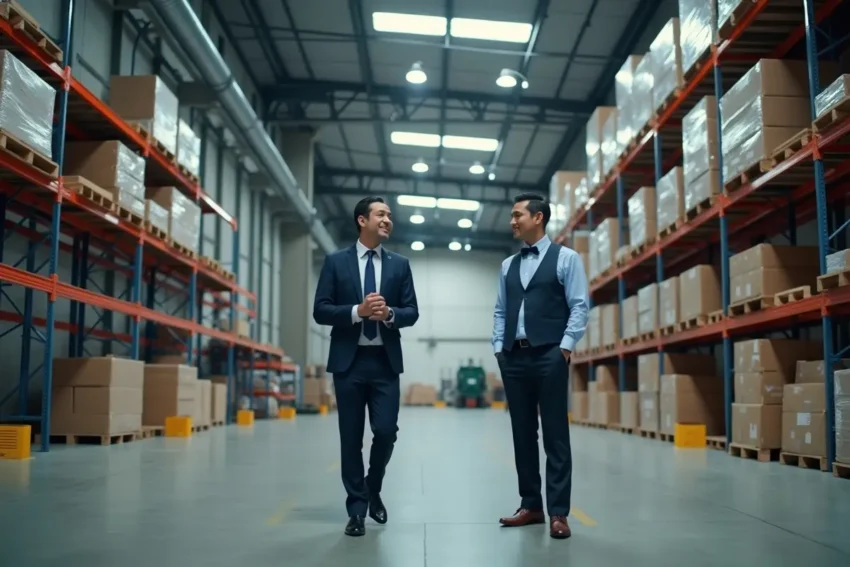 business owner touring industrial warehouse space for operational needs