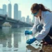 Ecologist taking samples of water for microplastics pollution