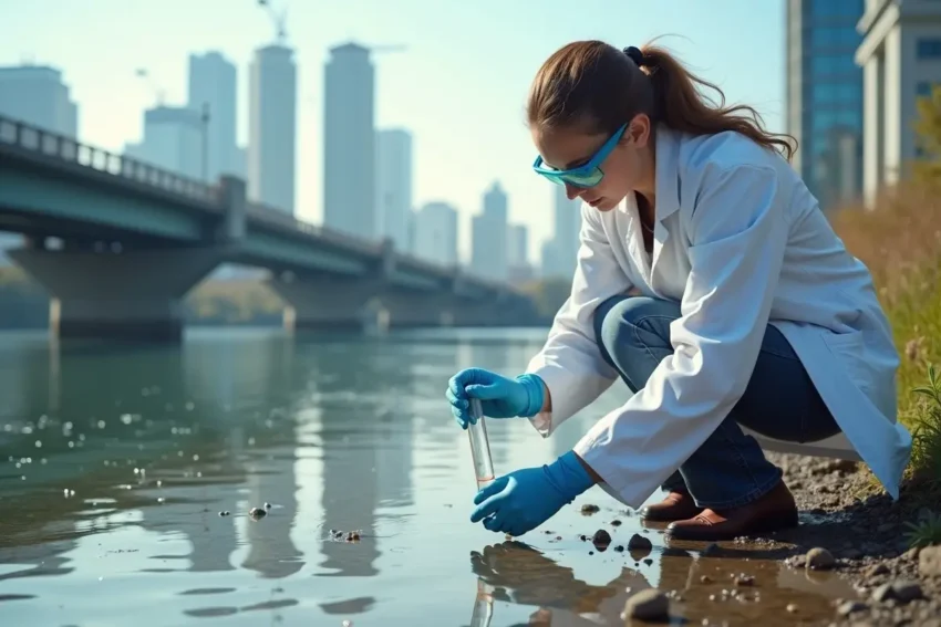 Ecologist taking samples of water for microplastics pollution