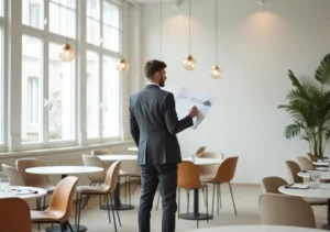 restaurant owner evaluating clean minimalist interior design concepts for dining spaces