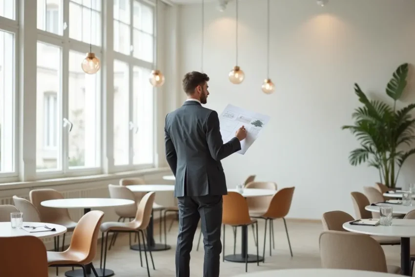 restaurant owner evaluating clean minimalist interior design concepts for dining spaces