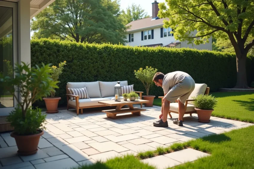 homeowner updating outdoor space with simple improvements and decor