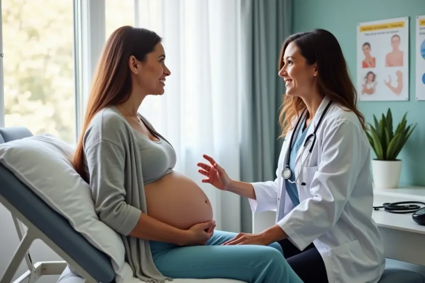 doctor examining pregnant woman in clinic