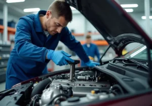 mechanic using smart fastener to check car machine