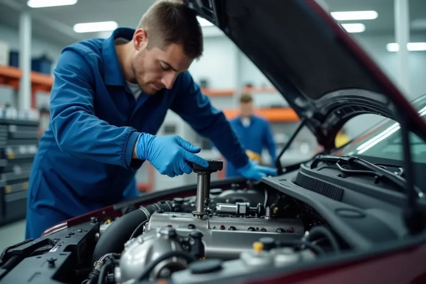 mechanic using smart fastener to check car machine