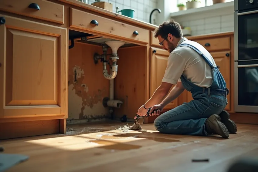 repairing water damage under kitchen sink cabinet
