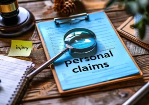 personal injury claims document with magnifying glass and legal paperwork