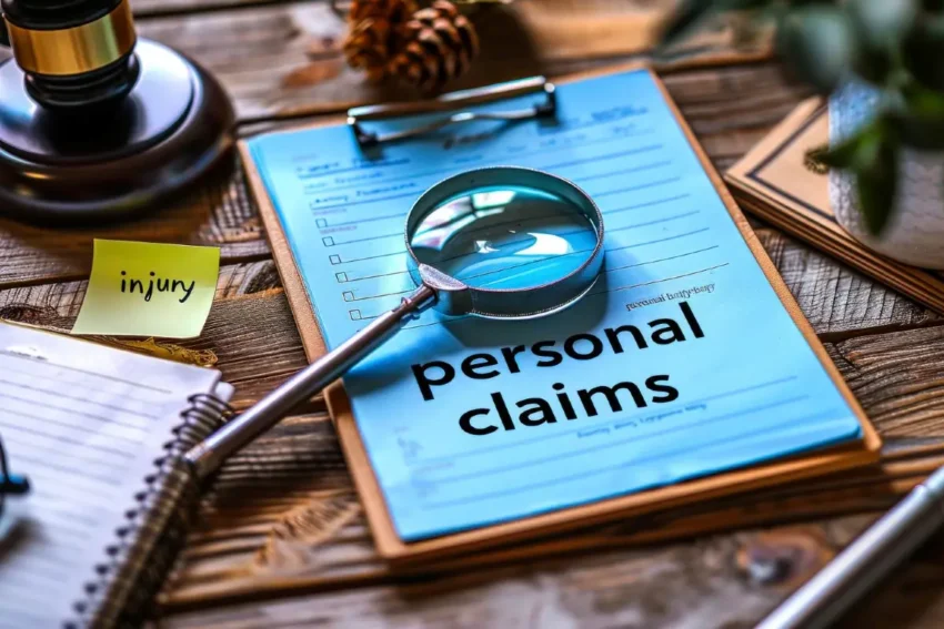 personal injury claims document with magnifying glass and legal paperwork