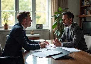 car accident lawyer consulting injured client in office