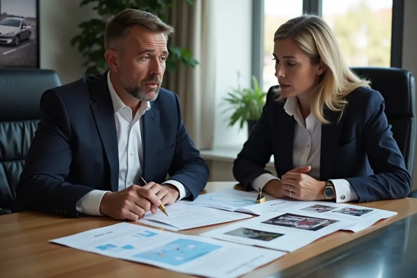 car crash lawyer reviewing accident evidence with client